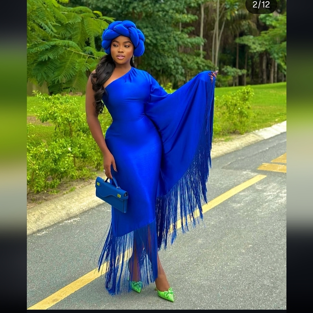 Wanni Fuga Blue Maxi Fringe One Shoulder Dress NEW - Picture 5 of 11